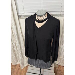 Black babydoll 100% Silk Long-Sleeve V-Neck Top  W Scarf  Womens 6 Whimsigoth Y2